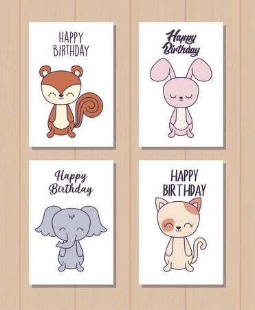 set of happy birthday cards with cute animals vector illustration designのイラスト素材