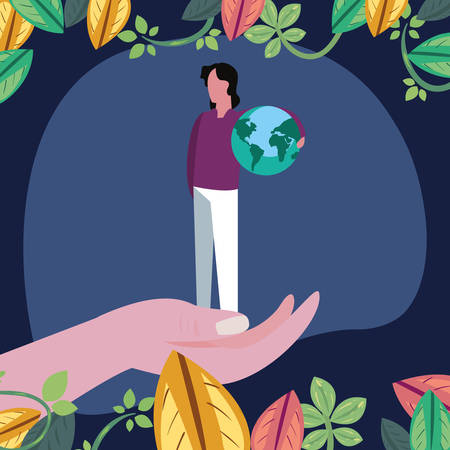hand holding man with planet world happy earth day vector illustrationのイラスト素材