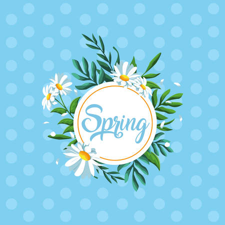 hello spring card with beautiful flowers in frame circular vector illustration designのイラスト素材