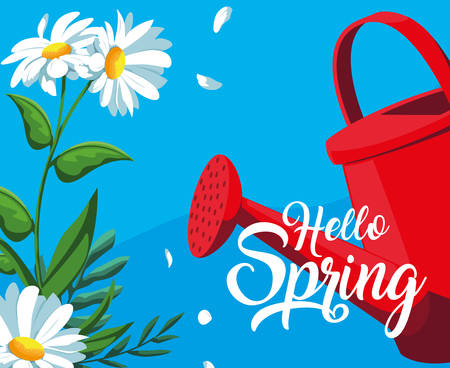 hello spring card with flowers and sprinkler plastic pot vector illustration designのイラスト素材
