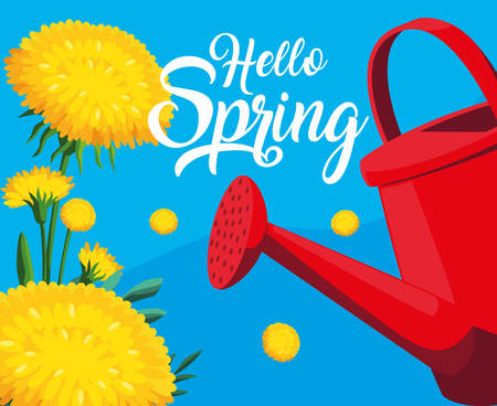 hello spring card with flowers and sprinkler plastic pot vector illustration designのイラスト素材