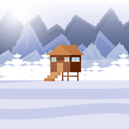 log cabin wooden in snowscape vector illustration designのイラスト素材