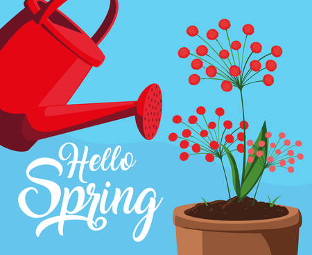 hello spring card with flowers and sprinkler plastic pot vector illustration designのイラスト素材