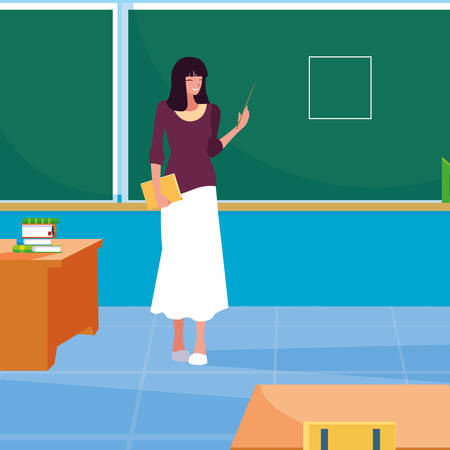 teacher female in classroom with chalkboard vector illustration designのイラスト素材