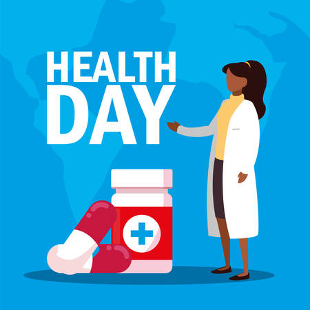 world health day card with woman doctor and medicines vector illustration designのイラスト素材