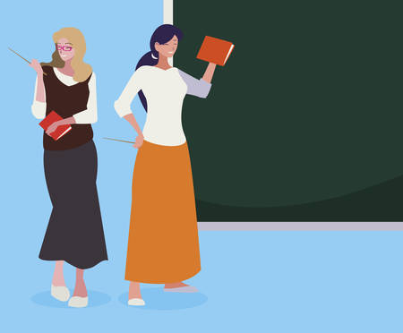 female teachers couple with textbooks and chalkboard vector illustration designのイラスト素材