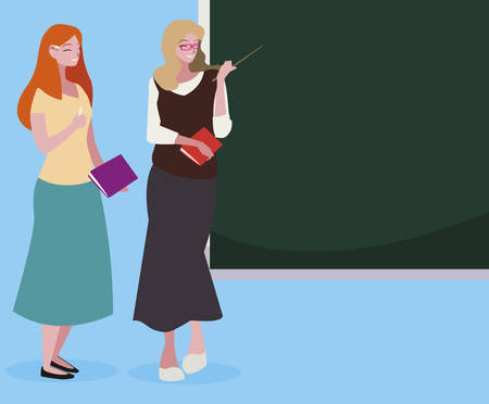 female teachers couple with textbooks and chalkboard vector illustration designのイラスト素材