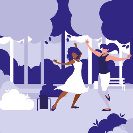 young interracial girls dancing in the park vector illustration designのイラスト素材