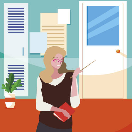 female teacher with textbook in corridor school vector illustration designのイラスト素材