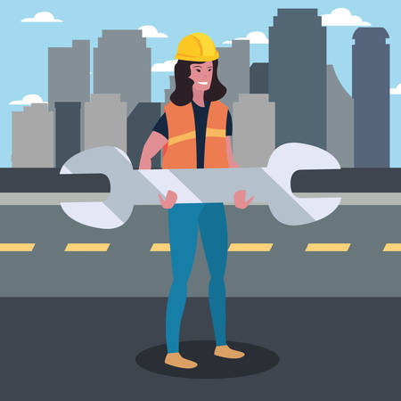 construction worker female wrench vector illustration designのイラスト素材