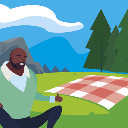 black strong and bearded man in the field picnic day vector illustration designのイラスト素材