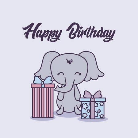 happy birthday card with cute elephant and gift boxes vector illustration designのイラスト素材