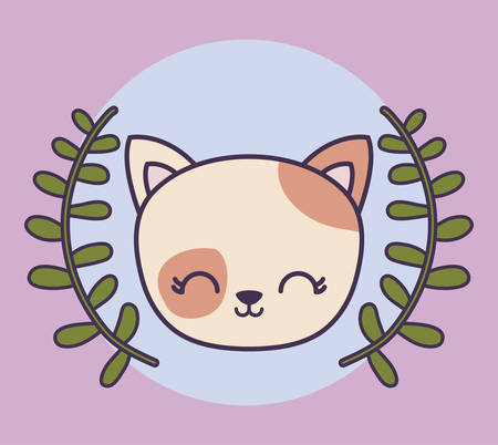 head of cute cat animal with crown leafs vector illustration designのイラスト素材