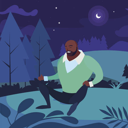 black strong and bearded man seated in the field at night vector illustration designのイラスト素材