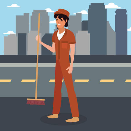 street sweeper with broom city labour day vector illustrationのイラスト素材