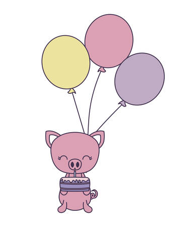 cute piggy with cake of birthday and balloons helium vector illustration designのイラスト素材