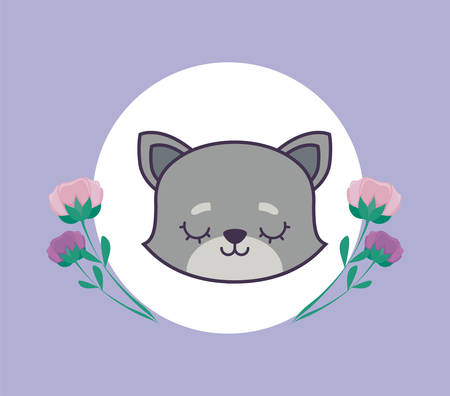 head of cute cat in frame circular with flowers vector illustration designのイラスト素材