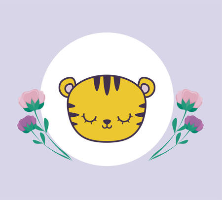 head of cute tiger in frame circular with flowers vector illustration designのイラスト素材