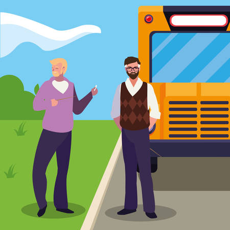 teachers couple in bus stop vector illustration designのイラスト素材