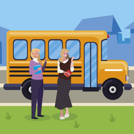 female teachers couple in stop bus characters vector illustration designのイラスト素材