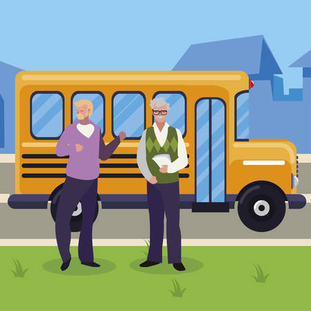 teachers couple in bus stop vector illustration designのイラスト素材
