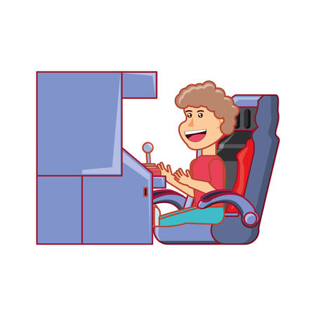boy playing in retro console video game machine vector illustration designのイラスト素材