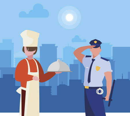 couple of professional workers in cityscape at sunrise vector illustration designのイラスト素材