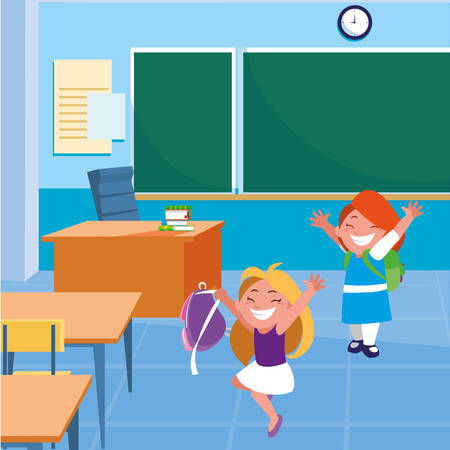happy little school girls in the classroom vector illustration designのイラスト素材