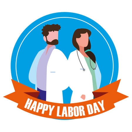 labour day celebration seal with doctors vector illustration designのイラスト素材