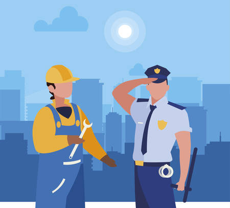 couple of professional workers in cityscape at sunrise vector illustration designのイラスト素材