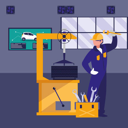 mechanic worker with tire changer machine vector illustration designのイラスト素材