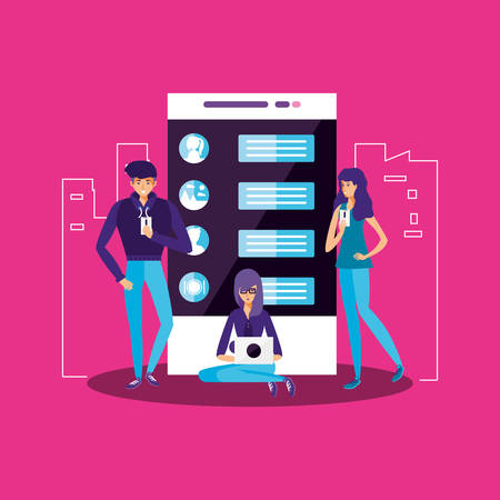 people with smartphone and social media icons vector illustration designのイラスト素材