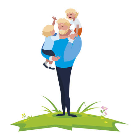 father with sons characters in the field vector illustration designのイラスト素材