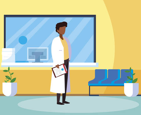 afro male medicine worker in clinic reception vector illustration designのイラスト素材