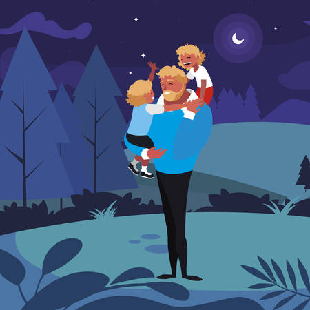 father with sons characters in the field vector illustration designのイラスト素材