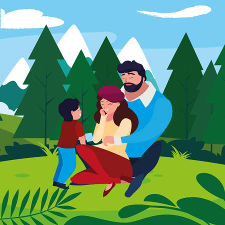 parents couple with son in the field vector illustration designのイラスト素材