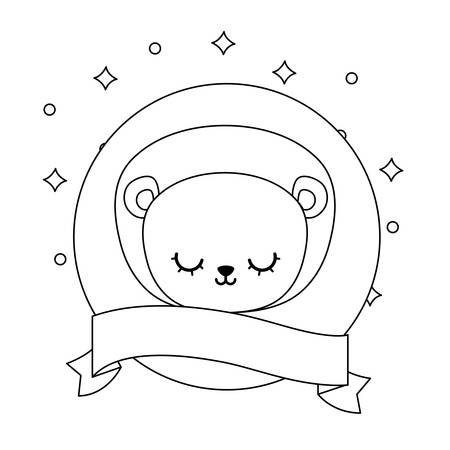 head of cute lion in frame circular with ribbon vector illustration designのイラスト素材