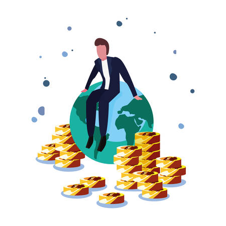 businessman sitting on world coins money vector illustrationのイラスト素材