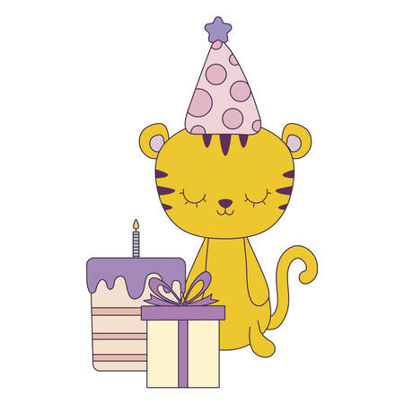 cute tiger with cake of birthday and gift box vector illustration designのイラスト素材