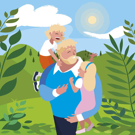 father with son and daughter characters in the field vector illustration designのイラスト素材
