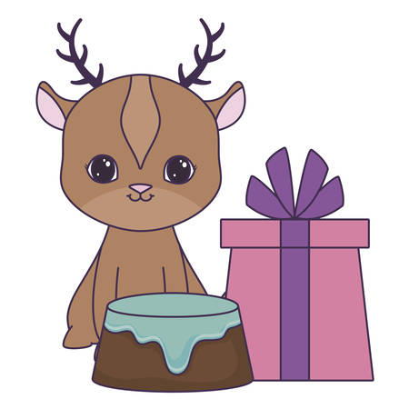 cute reindeer with cake of birthday and gift box vector illustration designのイラスト素材