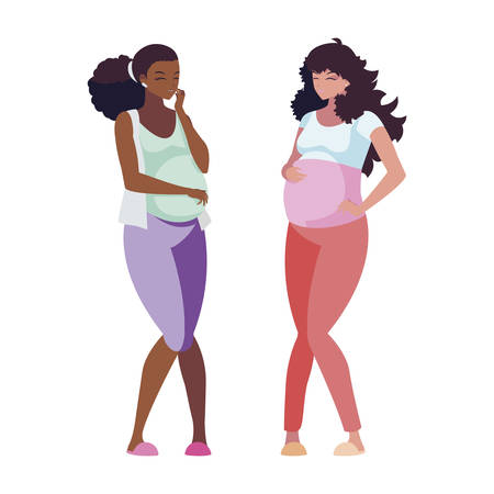 interracial couple of pregnancy women characters vector illustration designのイラスト素材