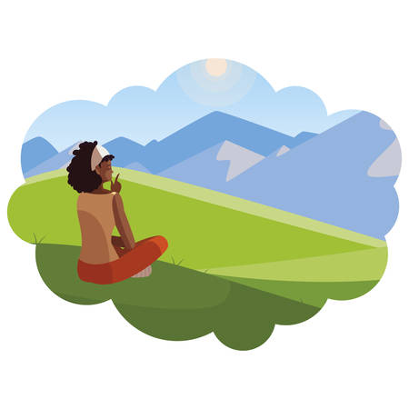 afro woman contemplating the horizon in the field scene vector illustration designのイラスト素材
