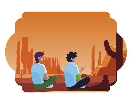 men couple contemplating horizon in the desert scene vector illustration designのイラスト素材
