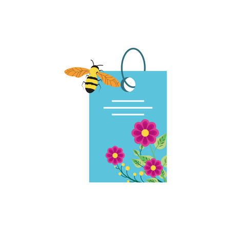 tag with flowers decoration and bee vector illustration designのイラスト素材