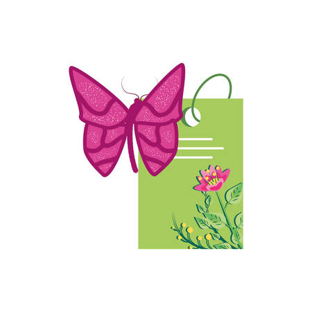 tag with flowers and beautiful butterfly vector illustration designのイラスト素材