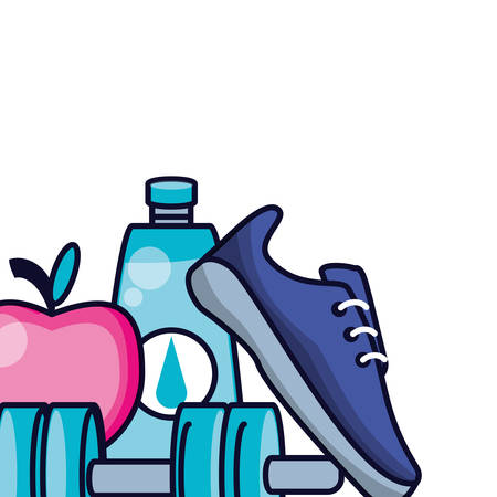 sport shoe with dumbbell and foods healthy vector illustration designのイラスト素材