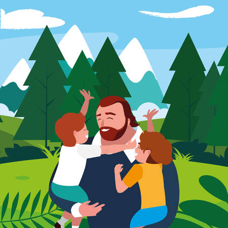 father with sons characters in the field vector illustration designのイラスト素材