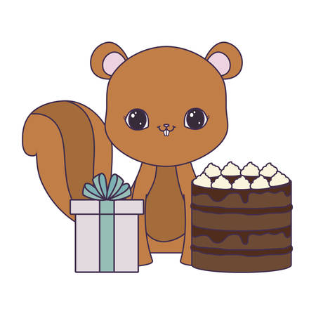 cute chipmunk with cake of birthday and gift box vector illustration designのイラスト素材