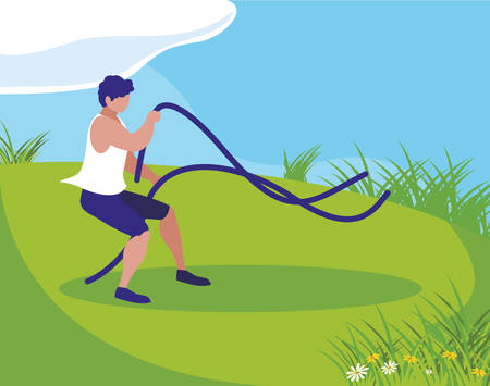 athletic man practicing exercice with elastics bands in the camp vector illustrationのイラスト素材